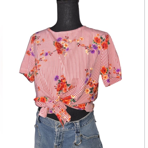 Blueh Ciel Red Summer Light And Airy Tie Up Floral Blouse - Picture 1 of 5